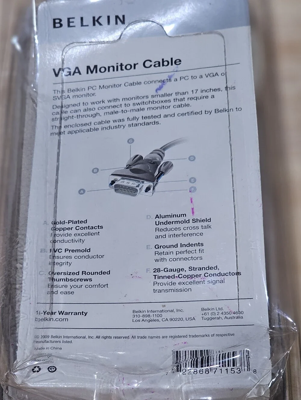 Belkin 6 Foot VGA Monitor Cable Male HDDBA5 To Male HDDB15 New Sealed Pkg